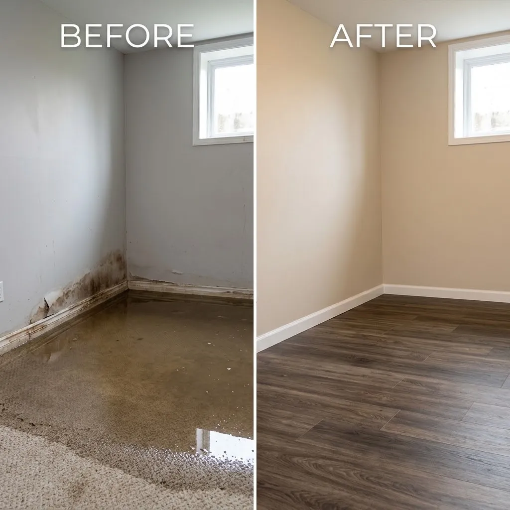Before and after comparison of a flooded basement water damage restoration project in Wheaton, IL. The left side shows standing water on the floor, water-damaged baseboards, and water stains along gray walls; the right side shows the fully dried, repaired, and restored basement room featuring clean beige walls and new dark wood-plank flooring.   