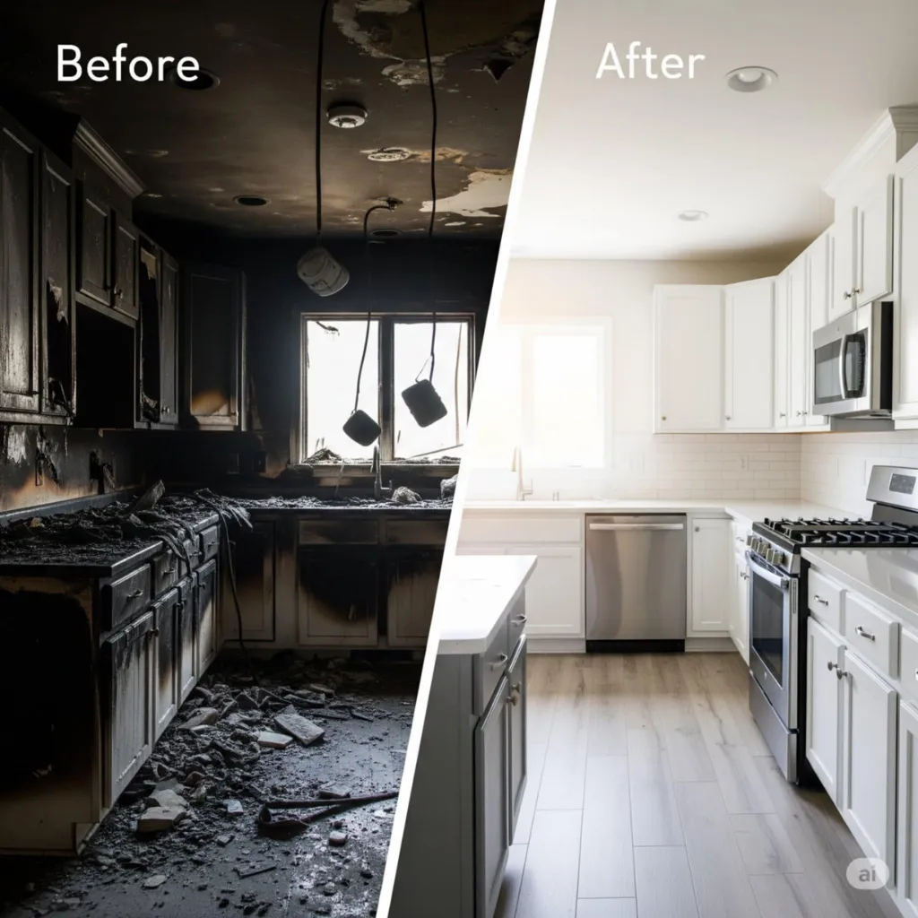 Diagonal split-screen before and after comparison of a kitchen fire restoration in Bolingbrook, IL. The left section shows heavy fire debris, charred cabinets, dangling light fixtures, and ceiling damage, while the right section shows the fully restored kitchen with bright white cabinets, subway tile, stainless steel appliances, and light wood flooring.