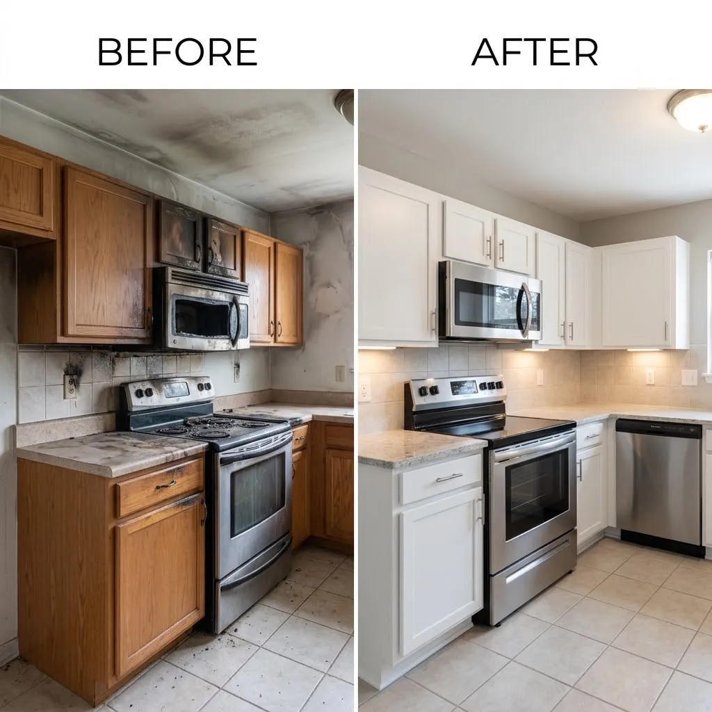 Before and after comparison of a kitchen fire damage restoration project in Lombard, IL. The left panel shows smoke damage, burnt oak cabinets, and a charred microwave above the stove, while the right panel displays the fully restored kitchen with painted white cabinetry and clean stainless steel appliances.