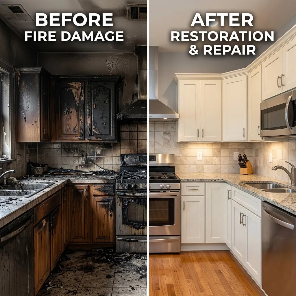 Before and after split comparison of a kitchen fire damage restoration project in Wheaton, IL. The left side shows heavily charred wooden cabinets, soot-covered walls, and burnt countertops, while the right side shows the fully repaired kitchen featuring off-white shaker cabinets, granite countertops, tile backsplash, and stainless steel appliances.