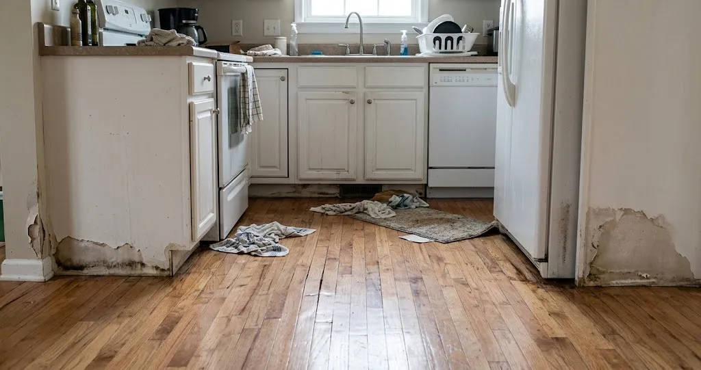 Water damage in a kitchen in Lombard, IL, showing water-stained hardwood flooring, soaked towels scattered on the floor, and peeling, mold-damaged drywall along the lower baseboards.   