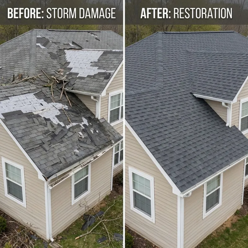 Before and after aerial comparison of a roof storm damage restoration project in Bolingbrook, IL. The left panel shows broken tree branches, torn shingles, exposed underlayment, and damaged gutters; the right panel displays the fully restored roof with new dark gray architectural shingles and repaired gutters.