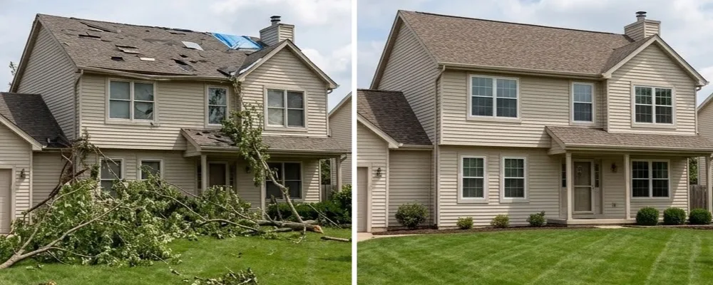 Before and after comparison of storm damage restoration on a two-story home in Wheaton, IL. The left side shows fallen tree limbs across the front yard and roof, severely missing shingles, and blue tarp emergency roof covering; the right side displays the fully repaired house with a brand-new shingle roof, cleared yard, and manicured lawn.