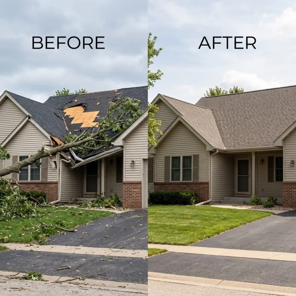 Before and after comparison of storm damage restoration on a house in Lombard, IL. The left side shows a large fallen tree crushed on the roof, causing severe structural damage, missing shingles, and exposed decking; the right side displays the fully restored home with a brand-new shingle roof, repaired gutters, and a cleared lawn and driveway.
