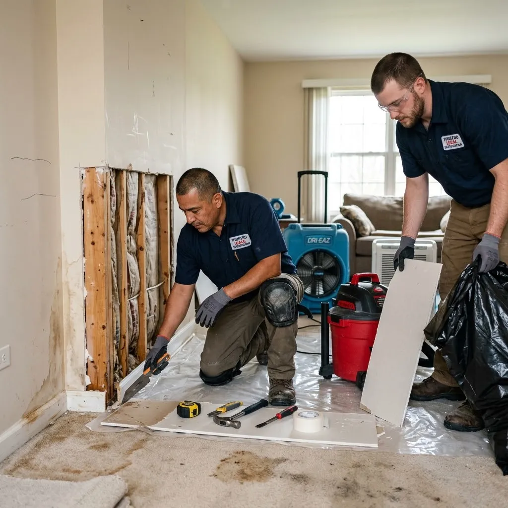 Two restoration technicians in uniforms perform water damage drywall repair in a Downers Grove, IL home. One technician kneels near exposed wall studs and insulation preparing drywall, while another holding a trash bag disposes of damaged drywall pieces near drying equipment and a shop vacuum.   