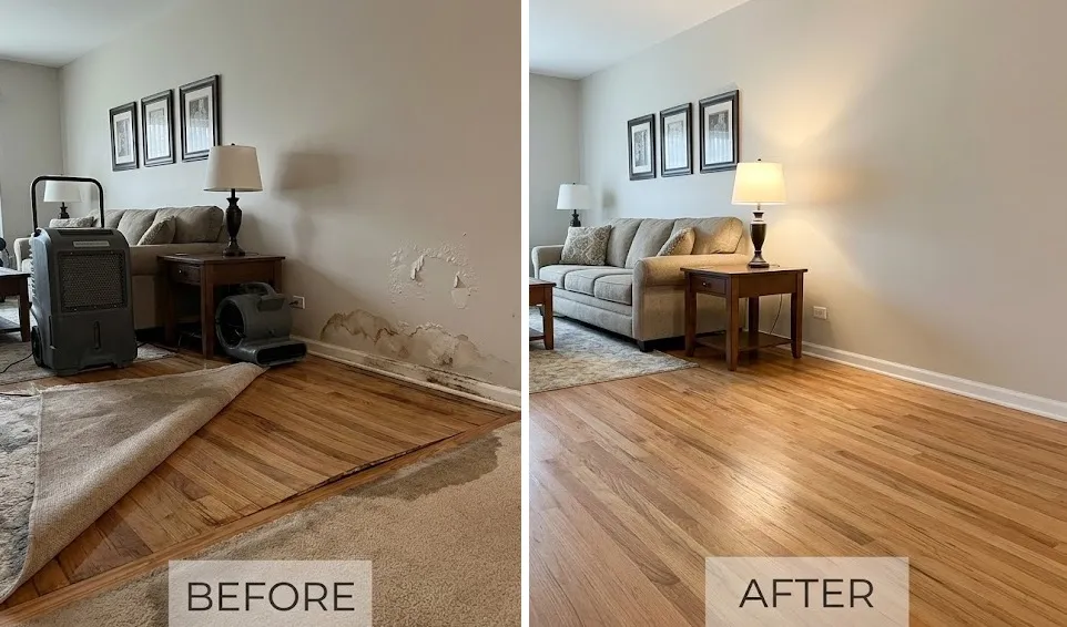 Before and after comparison of a living room water damage restoration project in Bolingbrook, IL. The left side shows peeling drywall paint, water damage along the baseboard, a pulled-back area rug revealing wet flooring, an LGR dehumidifier, and a floor air mover; the right side shows the fully repaired living room with restored hardwood floors and freshly painted walls.   