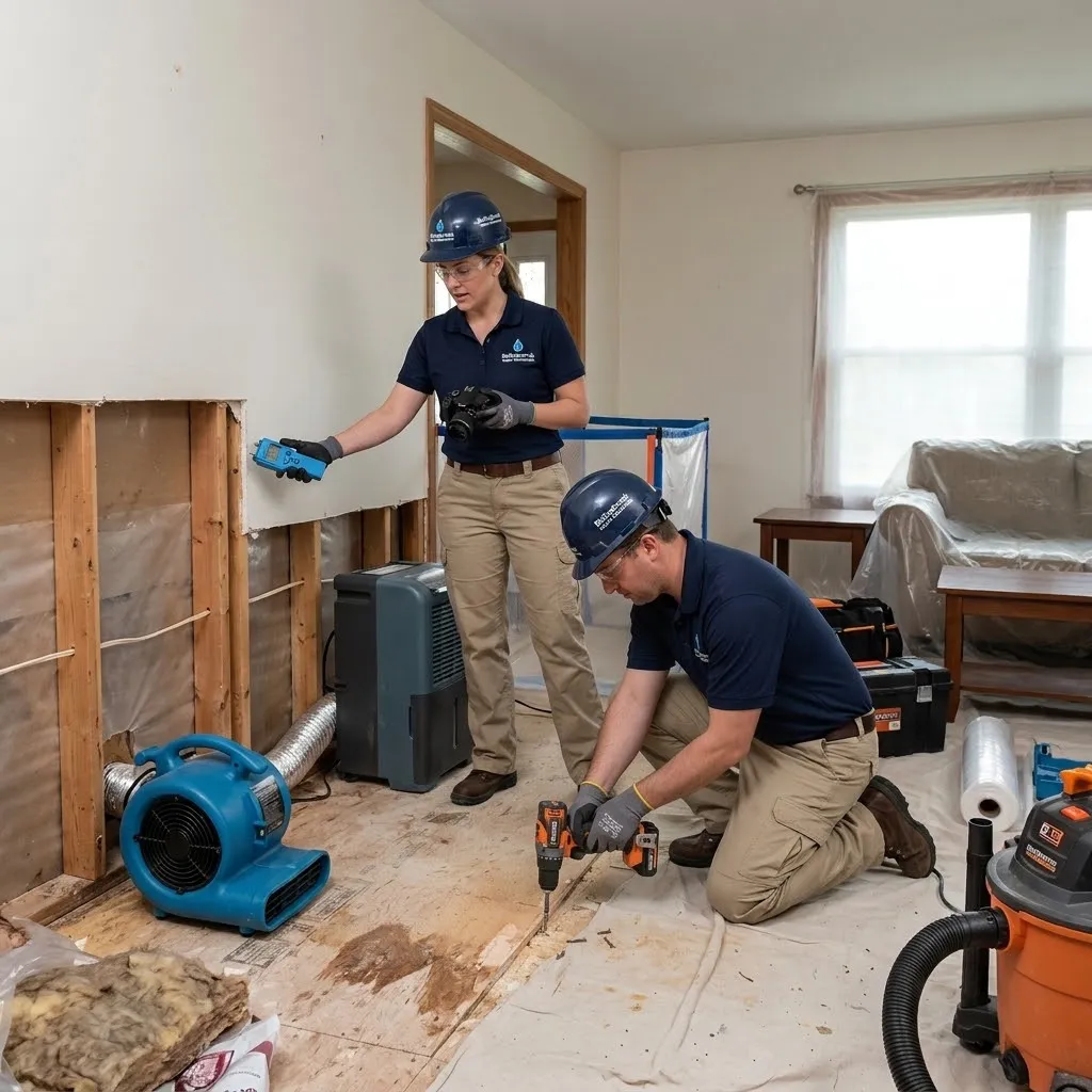 Two restoration technicians wearing hardhats work on water damage mitigation in a residential room. A female technician uses a handheld moisture meter on drywall near exposed studs, while a male technician kneels to drill into subflooring near a blue air mover and commercial dehumidifier.   
