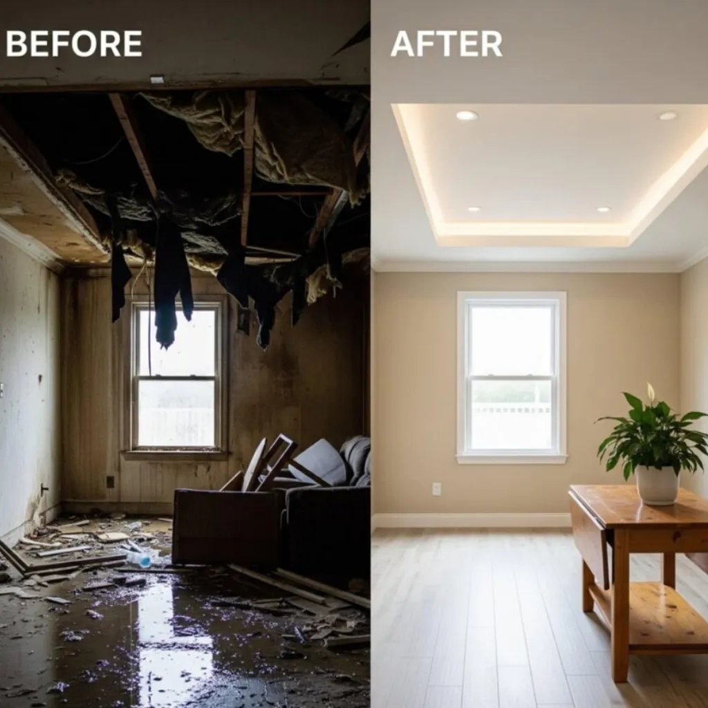 Before and after comparison of a severe ceiling leak and water damage restoration project. The left side shows a collapsed ceiling with hanging insulation, water puddles, and debris on the floor, while the right side shows the fully restored room with clean light wood flooring and a modern recessed tray ceiling with lighting.   