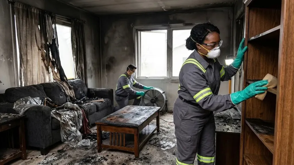 Two fire damage restoration technicians in protective suits, respirators, and gloves perform soot and smoke cleanup in a fire-damaged living room. A female technician wipes soot off a wooden bookshelf in the foreground while a male technician adjusts an industrial air blower near fire-charred furniture, burnt drapes, and soot-blackened walls.