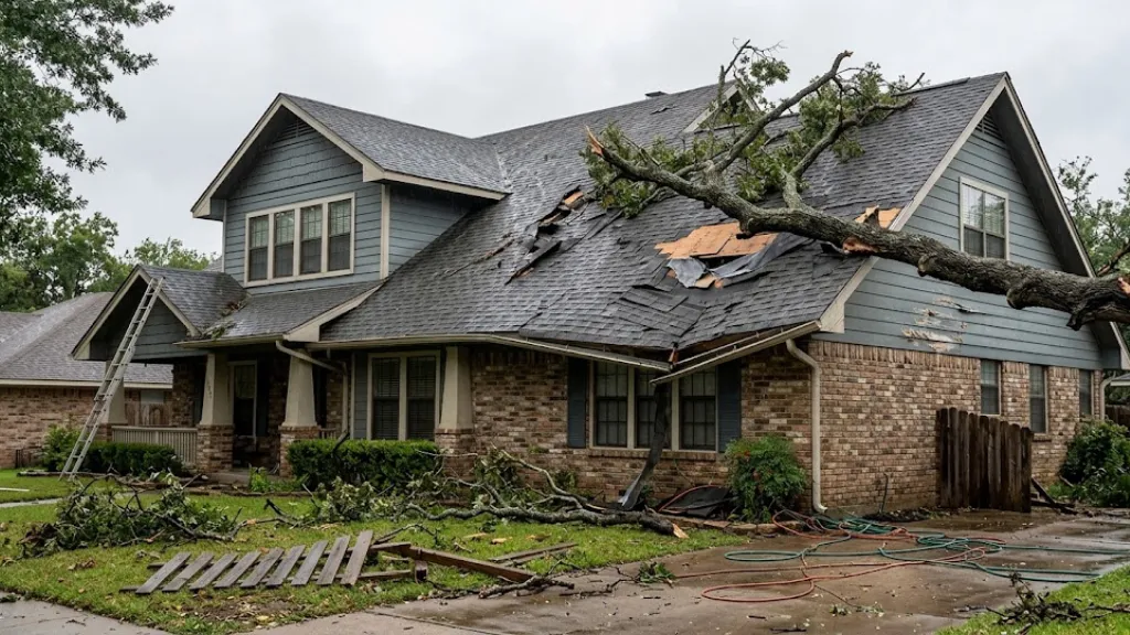 A large tree limb collapsed onto the shingle roof of a two-story home after a severe storm, causing extensive structural roof damage, crushed gutters, broken fence pieces scattered across the front lawn, and an extension ladder propped up for emergency access.