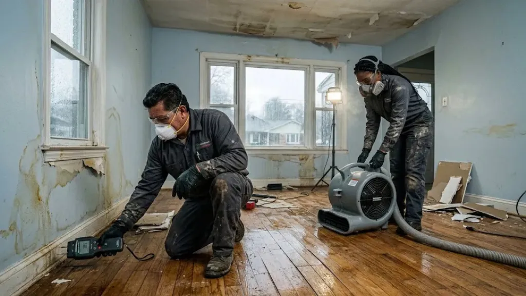 Two emergency water damage restoration technicians in protective gear work in a flooded residential room. A male technician kneels to test baseboard moisture levels with a digital meter near severe wall water stains, while a female technician operates a heavy-duty industrial air mover drying wet hardwood floors.