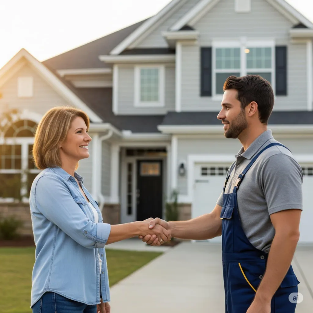 A smiling homeowner shakes hands with a professional service technician in blue overalls on the driveway outside a suburban two-story home.