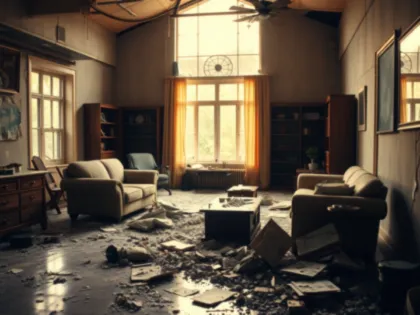 Interior storm damage in a vaulted-ceiling living room showing collapsed drywall, ceiling insulation, and scattered debris covering the floor and coffee table between two sofas.