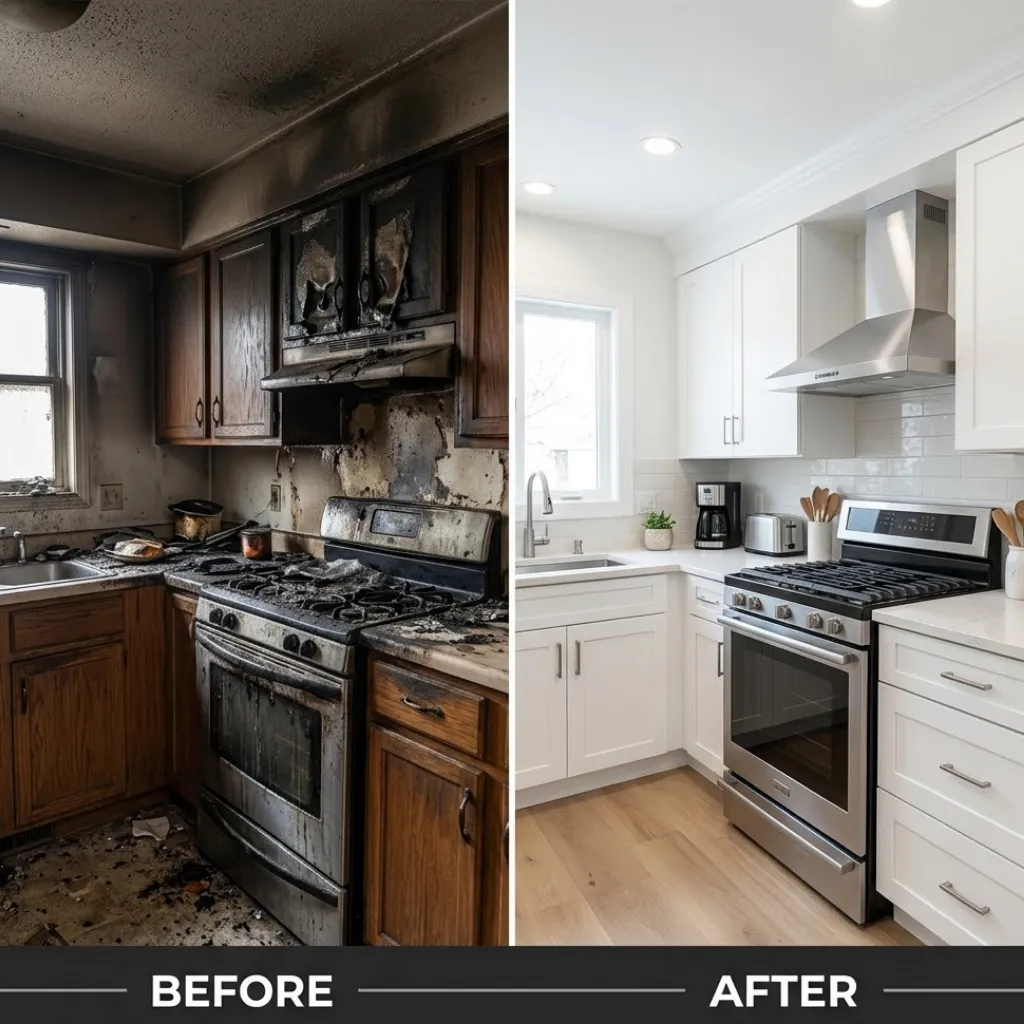 Split-screen before and after comparison of a kitchen fire damage restoration project. The left side shows a severely charred and soot-covered kitchen, while the right side displays the fully restored modern kitchen with clean white cabinets and stainless steel appliances.