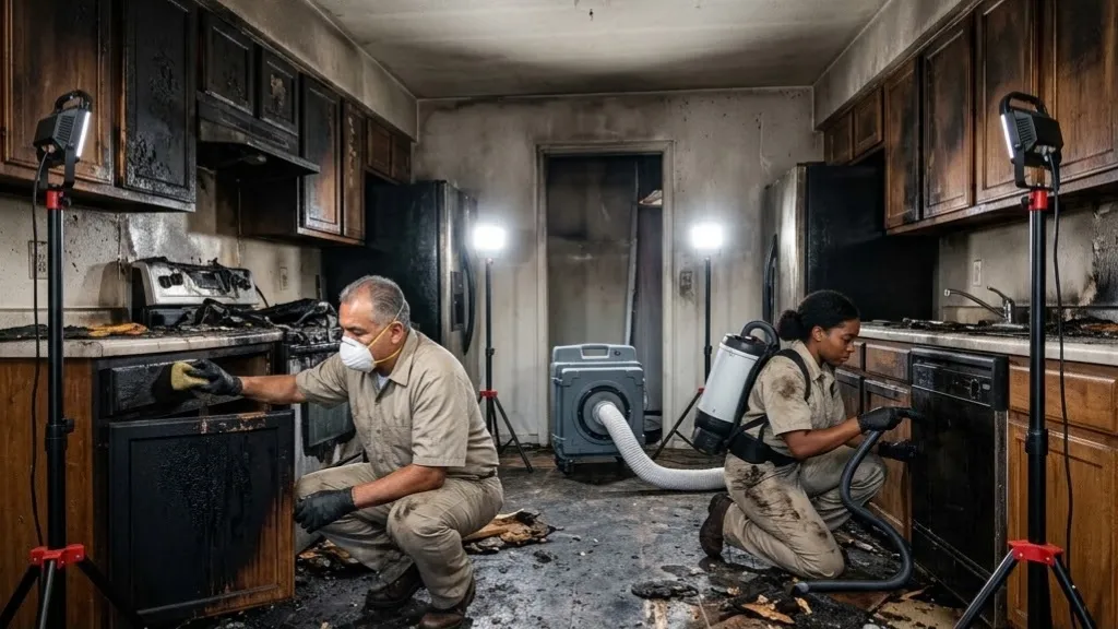 Two restoration technicians in work uniforms and protective masks perform fire and smoke cleanup in a heavily charred kitchen. One male technician uses a sponge on burned cabinets, while a female technician operates a HEPA backpack vacuum near the floor amidst work lights and air scrubbing equipment.