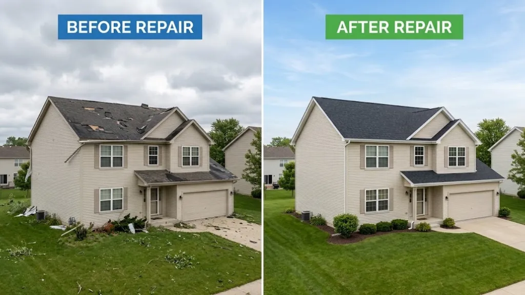 Before and after comparison of an emergency roof storm damage repair project. The left panel shows a two-story home under overcast skies with torn shingles, exposed roof decking, damaged gutters, and yard debris; the right panel displays the fully restored house featuring a complete dark shingle roof replacement, repaired gutters, and a pristine lawn and driveway.