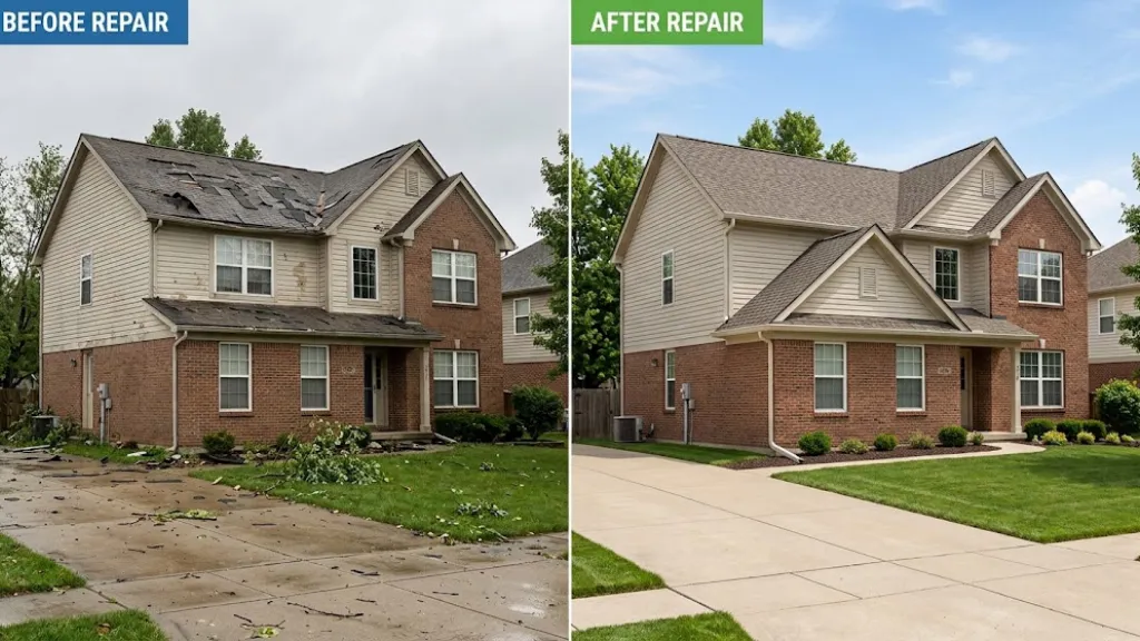 Before and after comparison of a two-story brick and siding home restored after severe storm damage. The left side shows torn roof shingles, damaged siding, broken tree branches, and driveway debris under cloudy skies; the right side shows the fully repaired home with a new shingle roof, restored siding, and a clear driveway and lawn.   