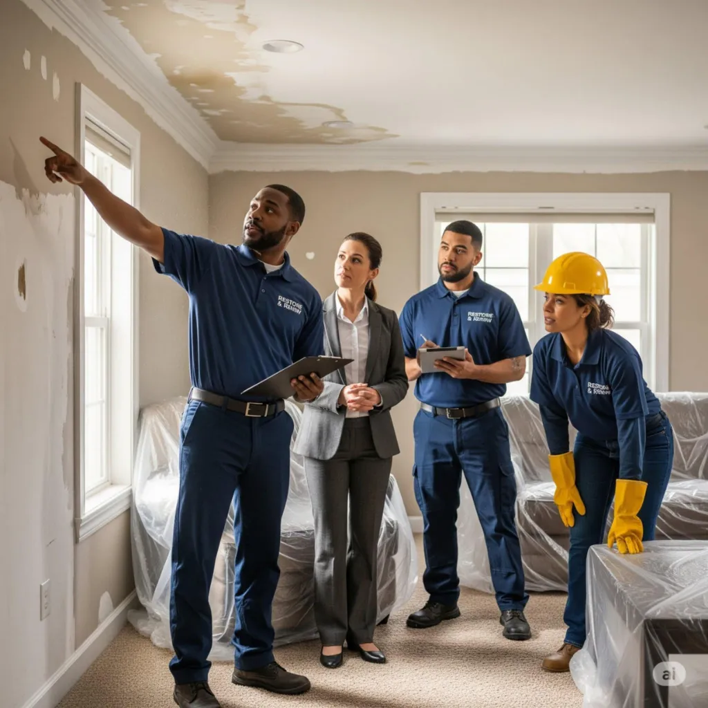 Water damage restoration technicians inspect ceiling and drywall stains with a homeowner in a living room covered with protective plastic sheeting.